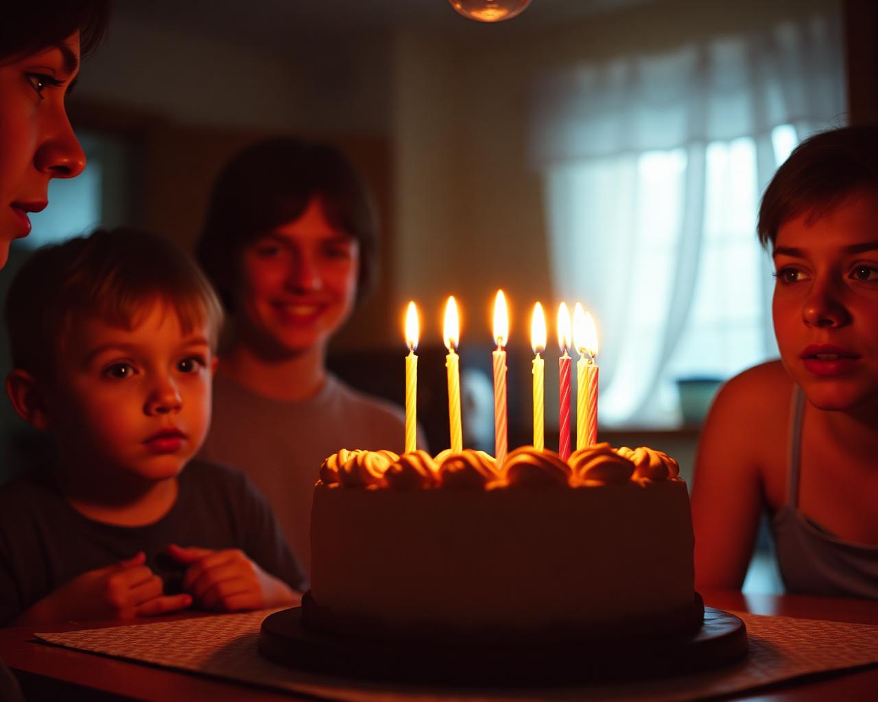 Birthday candles glowing on a cake in a dim kitchen