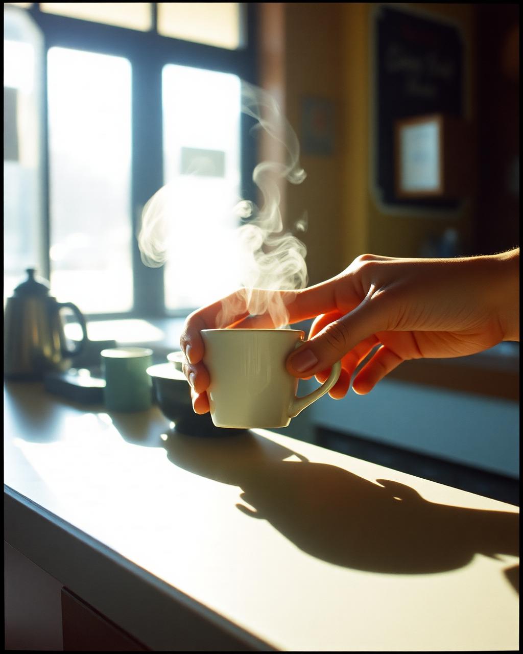 Hands passing a steaming coffee cup across a counter
