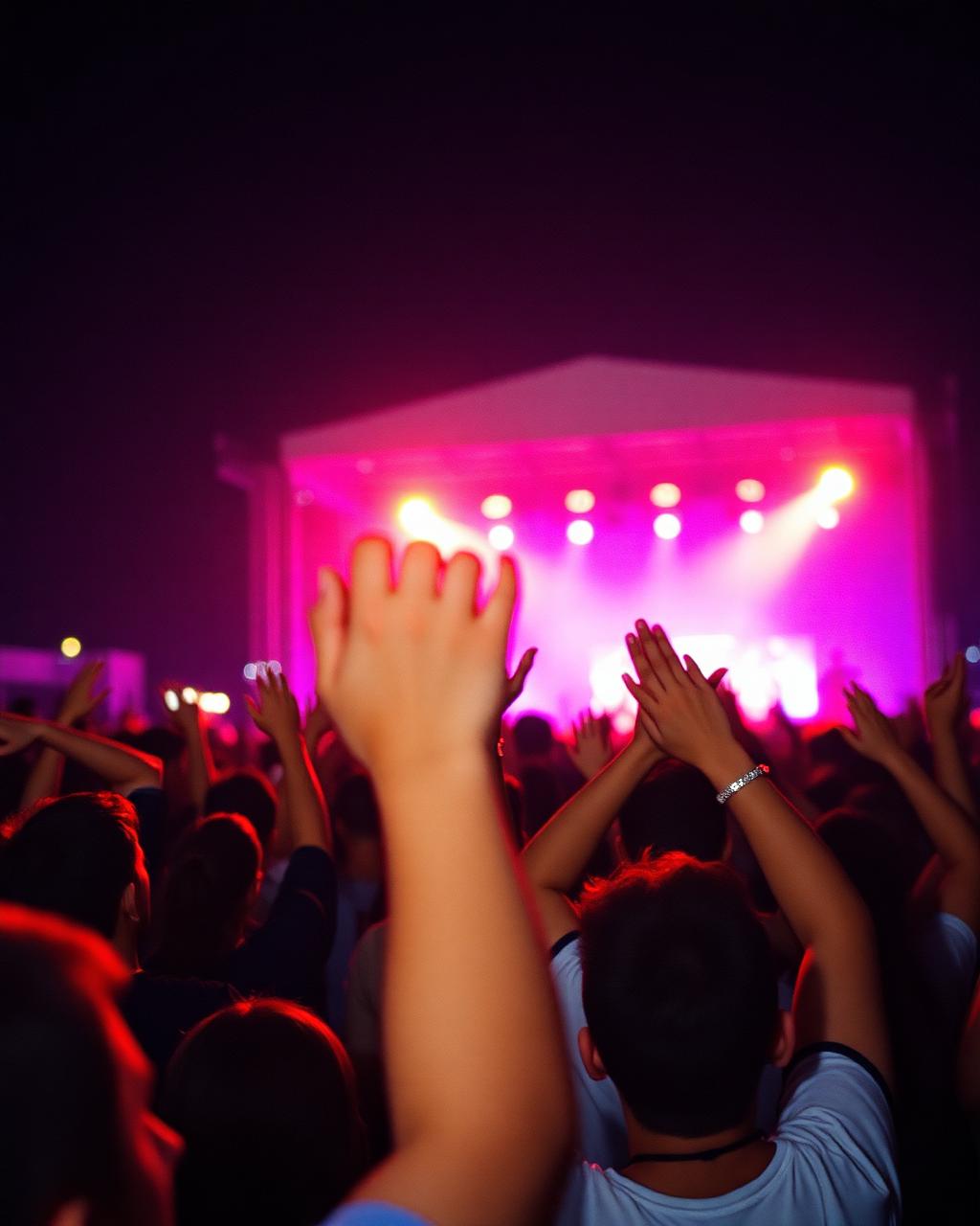Crowd with hands raised at a night concert