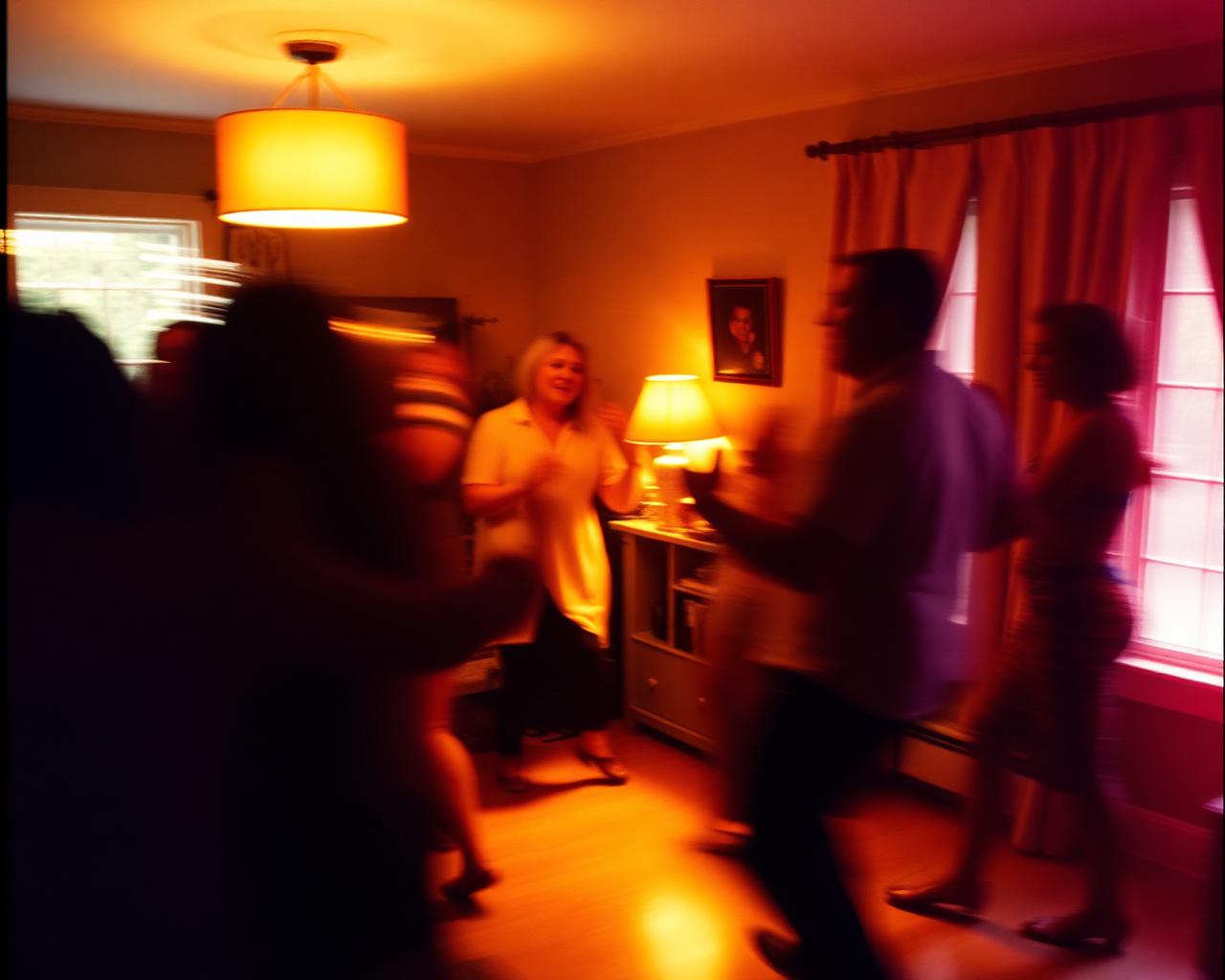 People dancing in a living room, motion blur