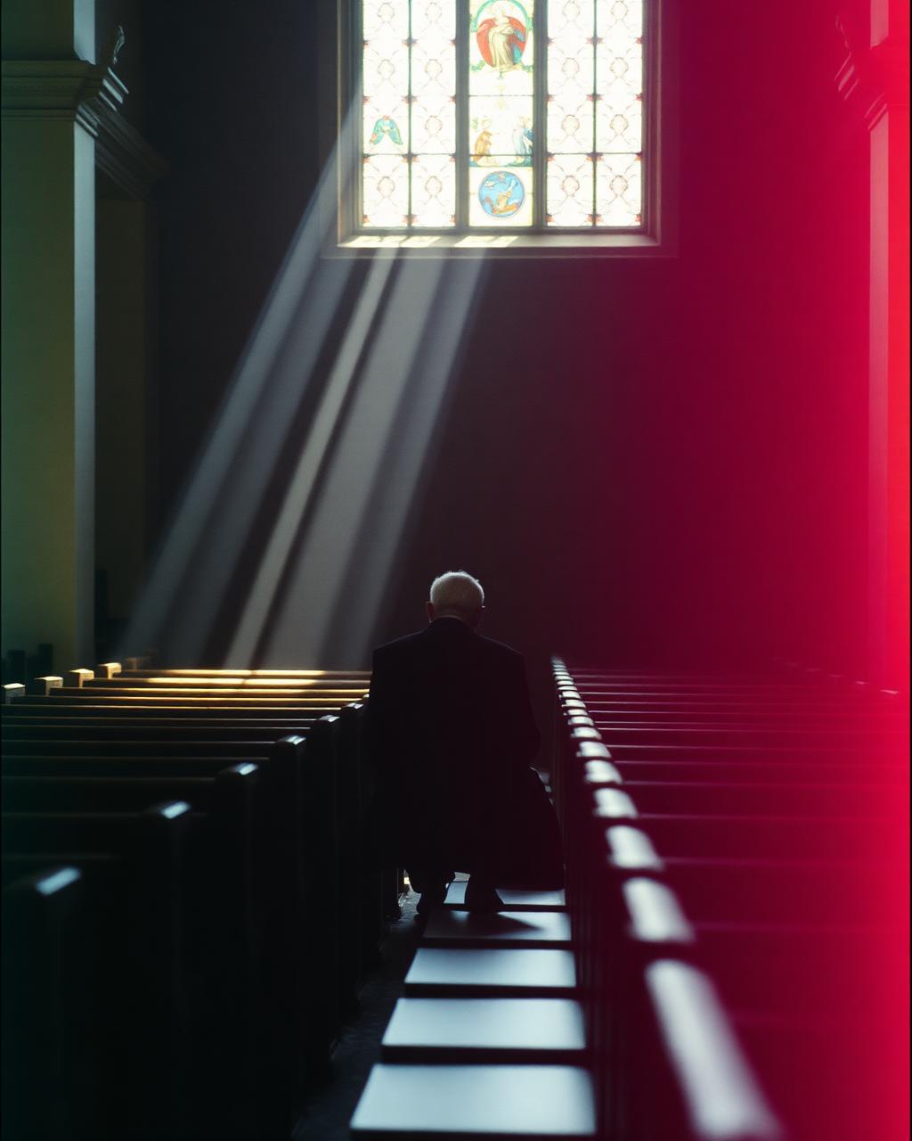 A person sitting alone in a church pew in a beam of light