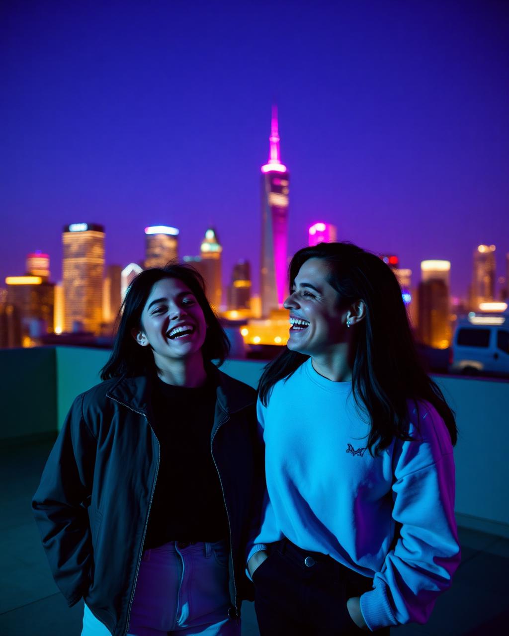Two friends laughing on a rooftop at blue hour
