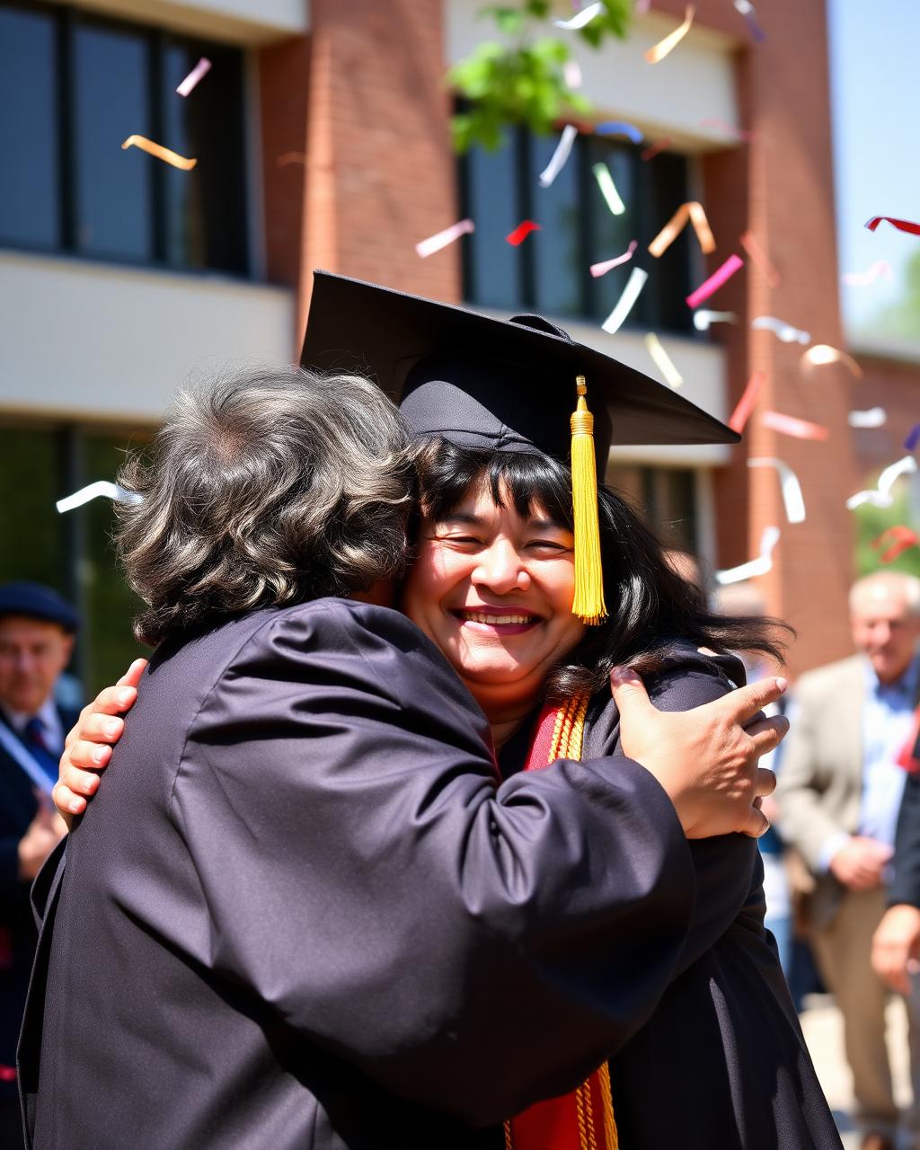 A graduate hugging a parent as confetti falls