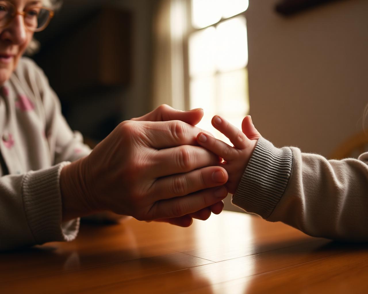 An older woman holding a child's hands at a table