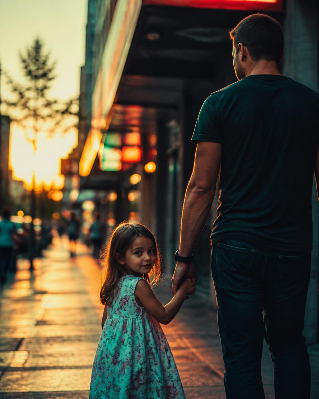A father and young child walking hand in hand in warm light