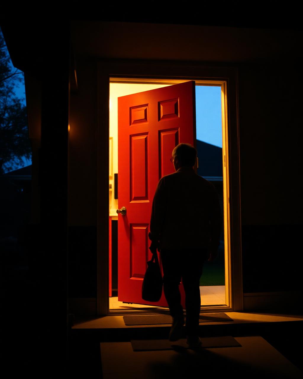 A figure arriving at a lit open door at night