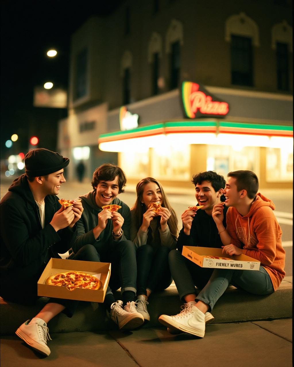 Friends eating pizza on a curb late at night