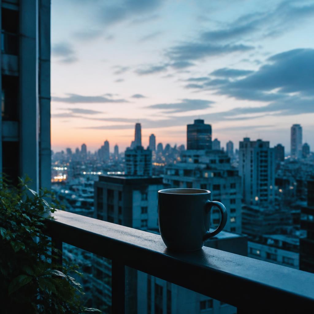 A mug on a balcony rail at cool blue dawn above the city