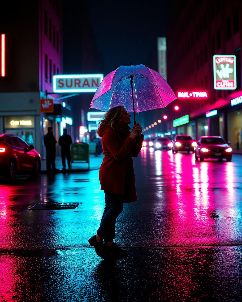 A person under an umbrella on a neon-lit rainy street