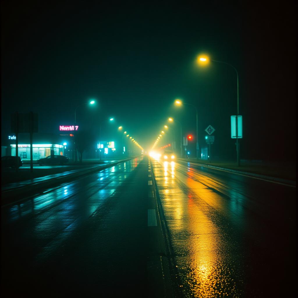 An empty rain-soaked road at night lit by neon and streetlights