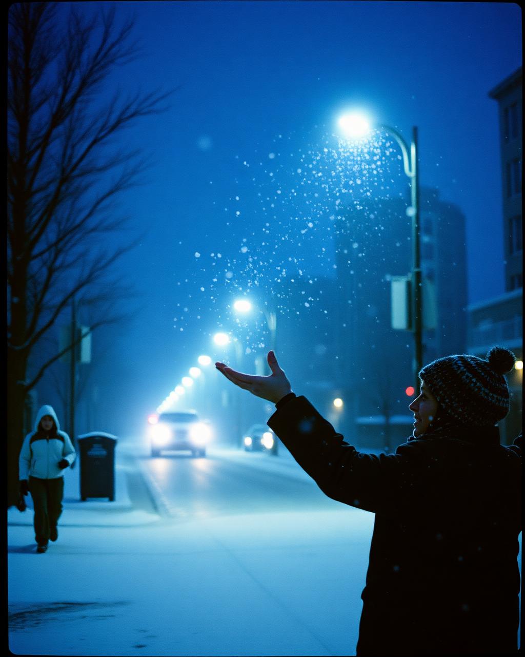 A person catching snowflakes on a quiet street at dusk