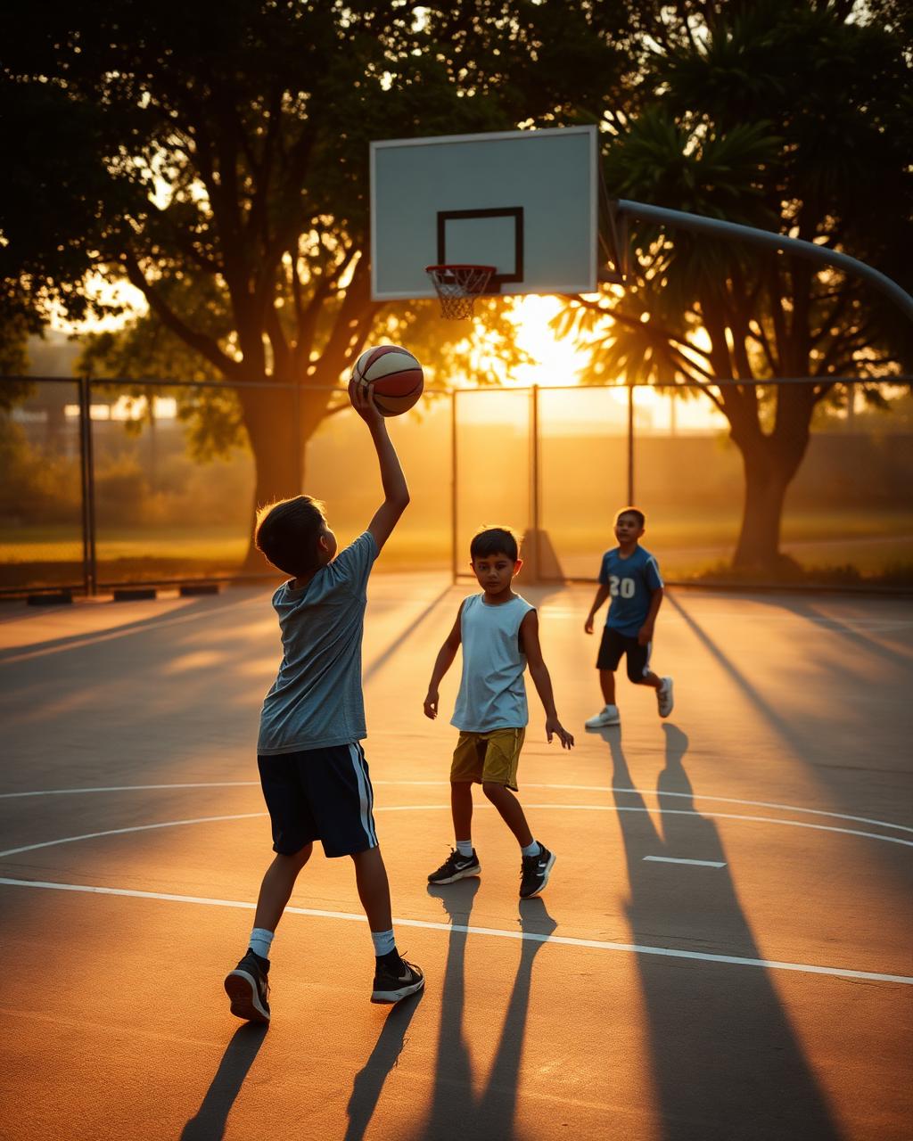 Kids playing basketball on an outdoor court at golden hour