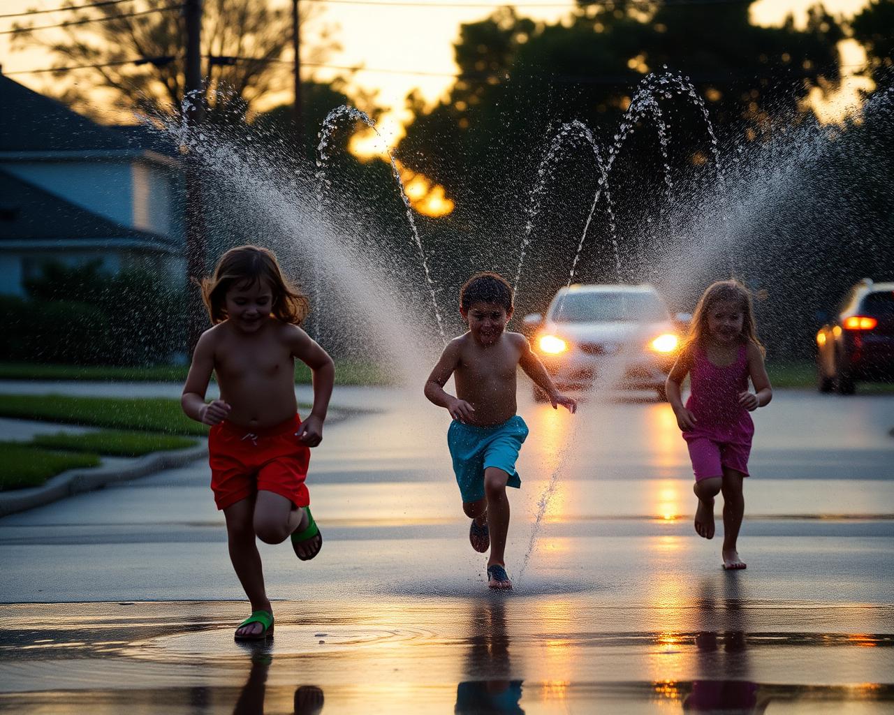 Children running through a sprinkler at dusk