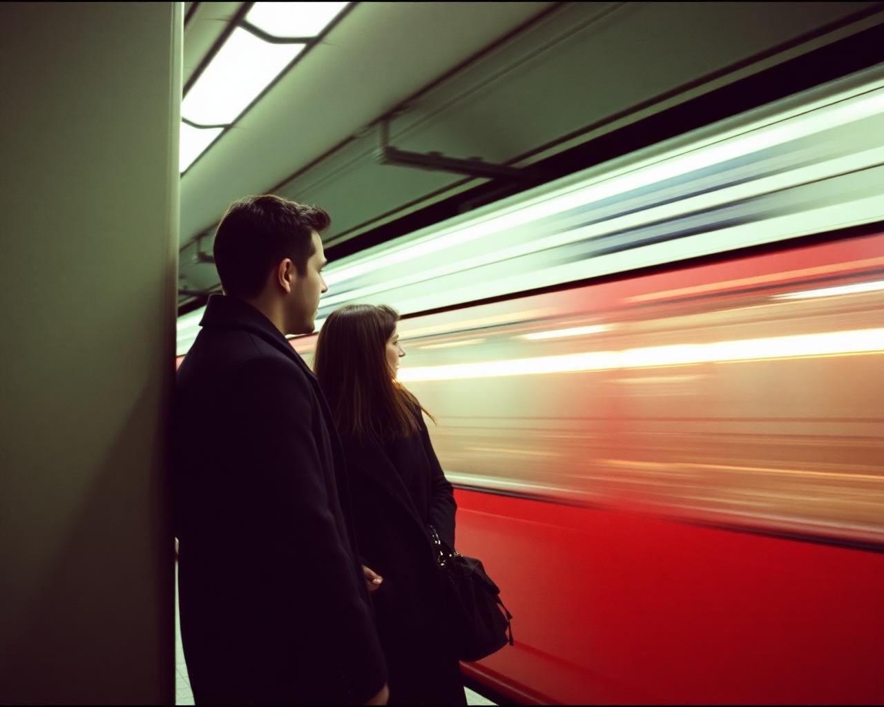 Two people talking on a subway platform as a train blurs past