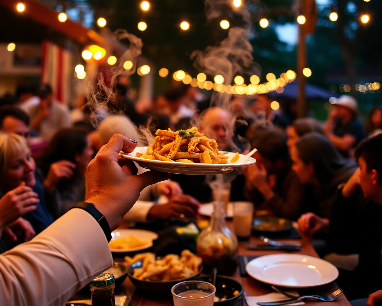A plate of food passed across a crowded outdoor table