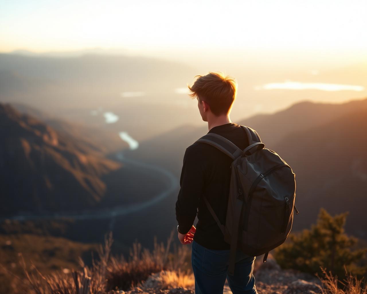 A traveler at a mountain overlook at sunrise